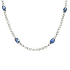 14K White Gold Natural Diamond & Oval Sapphire Station Necklace In Stock