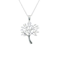 14K White Gold Natural Round Diamond "Tree of Life" Pendant Necklace In Stock