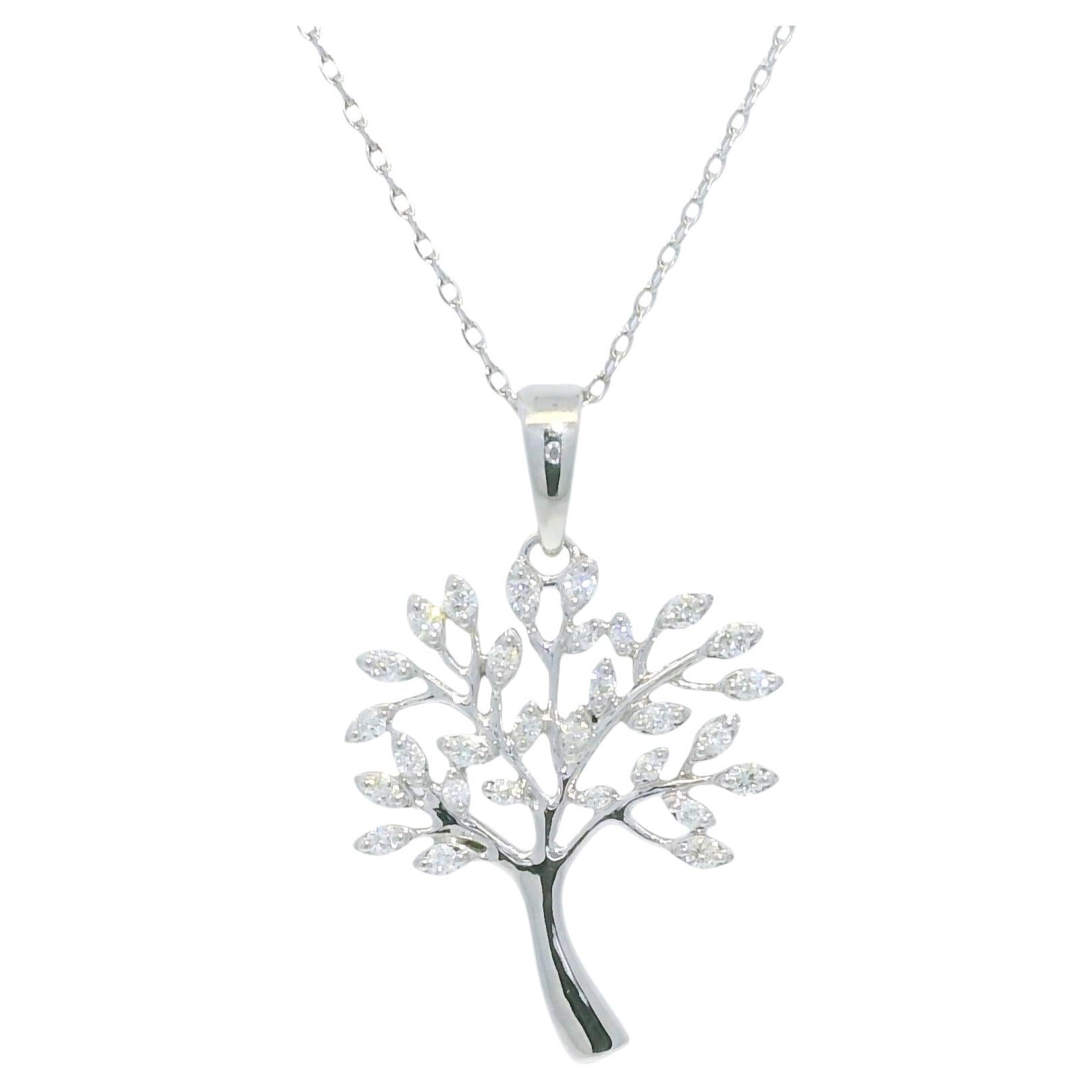 14K White Gold Natural Round Diamond "Tree of Life" Pendant Necklace In Stock
