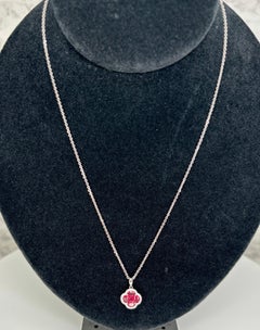 14k White Gold Natural Ruby & Diamond Clover Cluster Flower Pendant Necklace