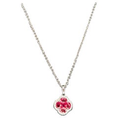 14k White Gold Natural Ruby & Diamond Clover Cluster Flower Pendant Necklace