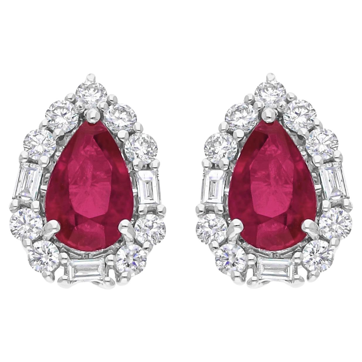 14k White Gold Natural Ruby Diamond Halo Pear Shape Stud Earrings Gift for Her For Sale