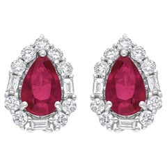 14k Weißgold Natürlicher Rubin Diamant Halo Birne Form Ohrstecker Geschenk für Sie
