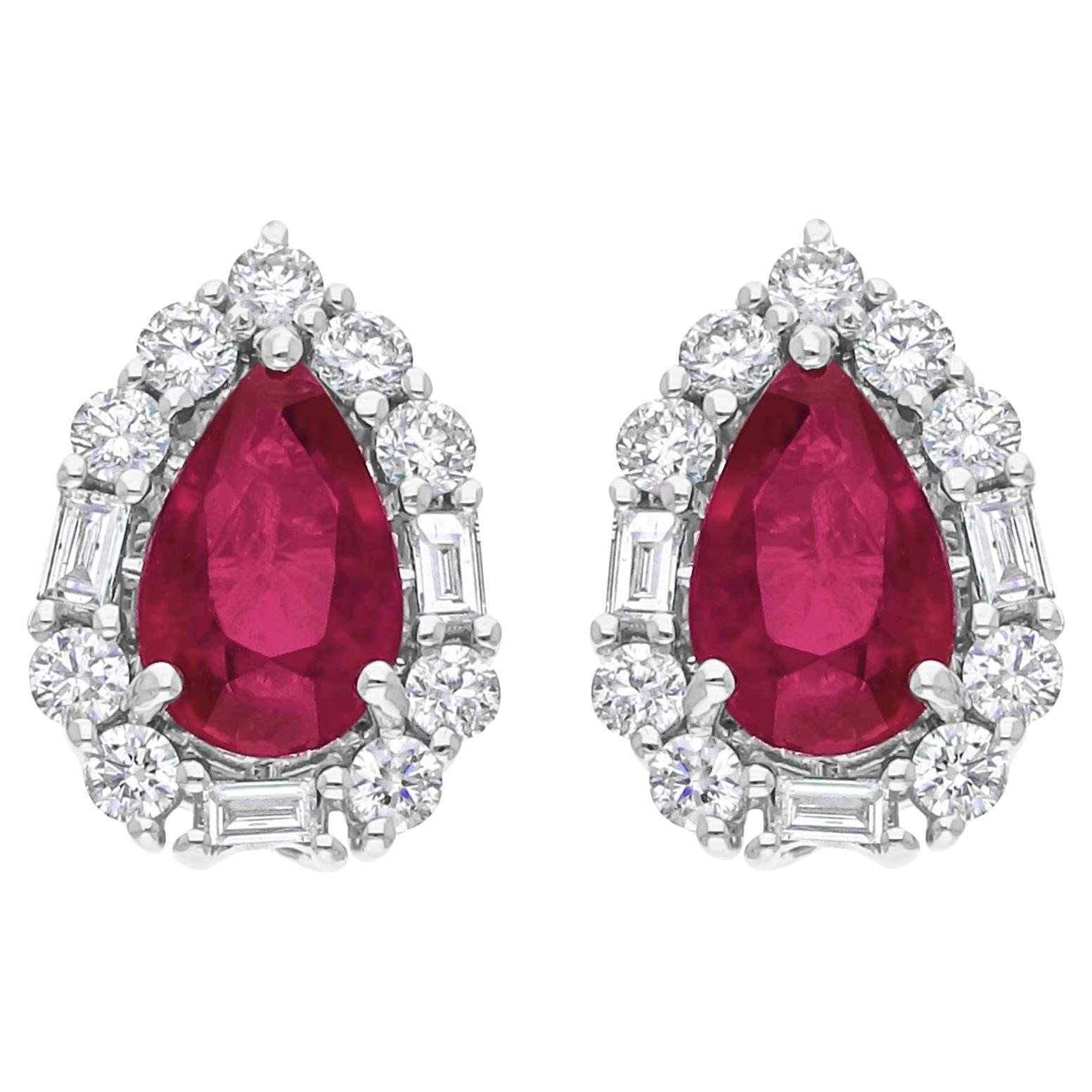 14k Weißgold Natürlicher Rubin Diamant Halo Birne Form Ohrstecker Geschenk für Sie