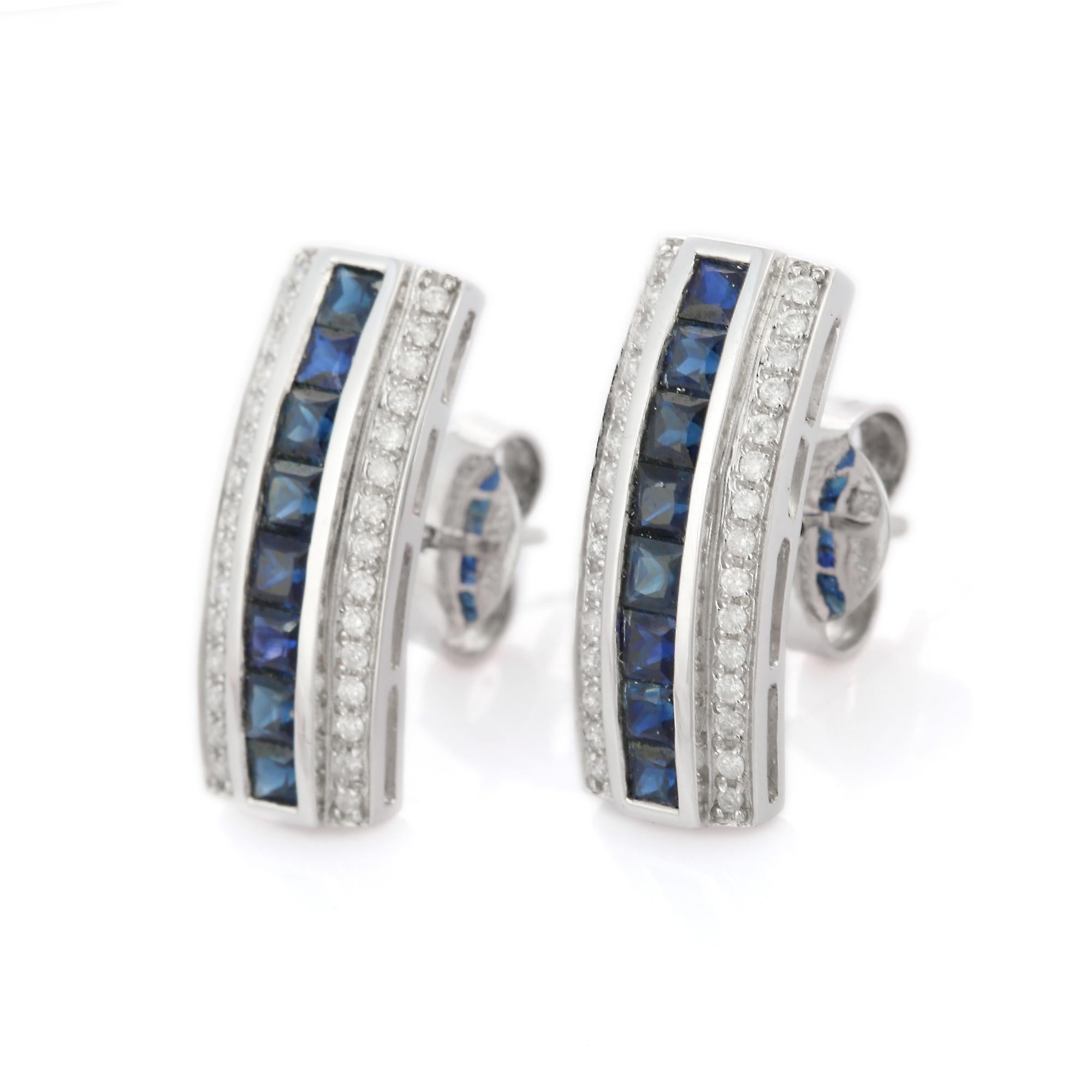 Studs create a subtle beauty while showcasing the colors of the natural precious gemstones and illuminating diamonds making a statement.

Baguette cut blue sapphire studs in 14K gold. Embrace your look with these stunning pair of earrings suitable