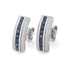 14K White Gold Natural Sapphire and Diamond Bar Stud Earrings
