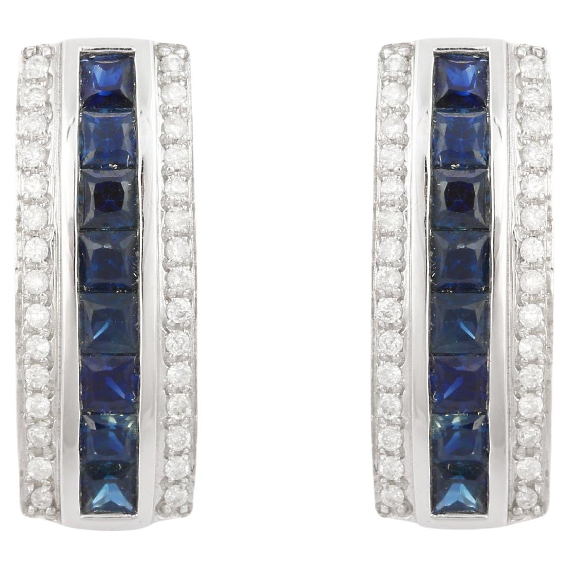 14K White Gold Natural Sapphire and Diamond Bar Stud Earrings For Sale