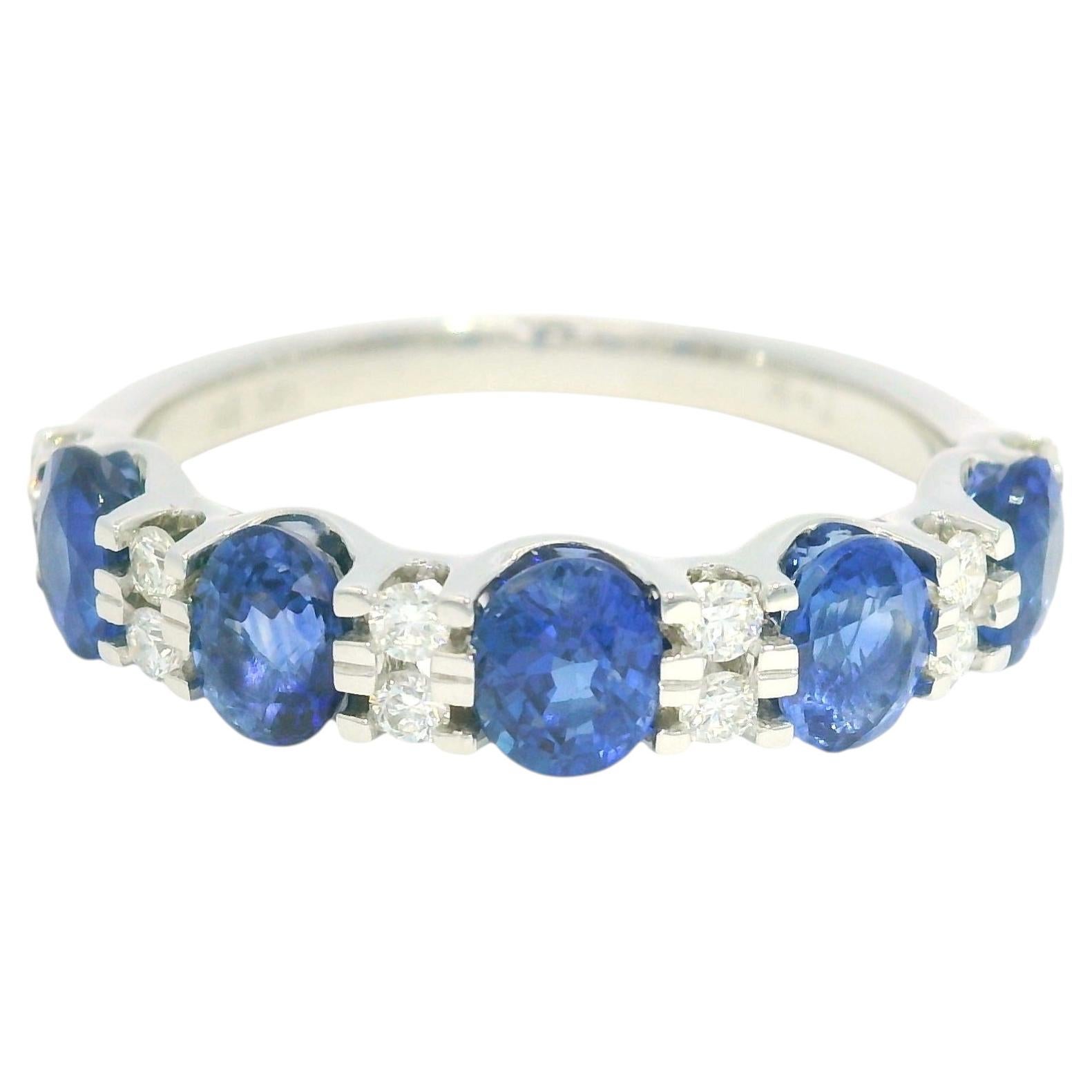 14K White Gold Natural Sapphire & Diamond Alternating Stone Ring In Stock