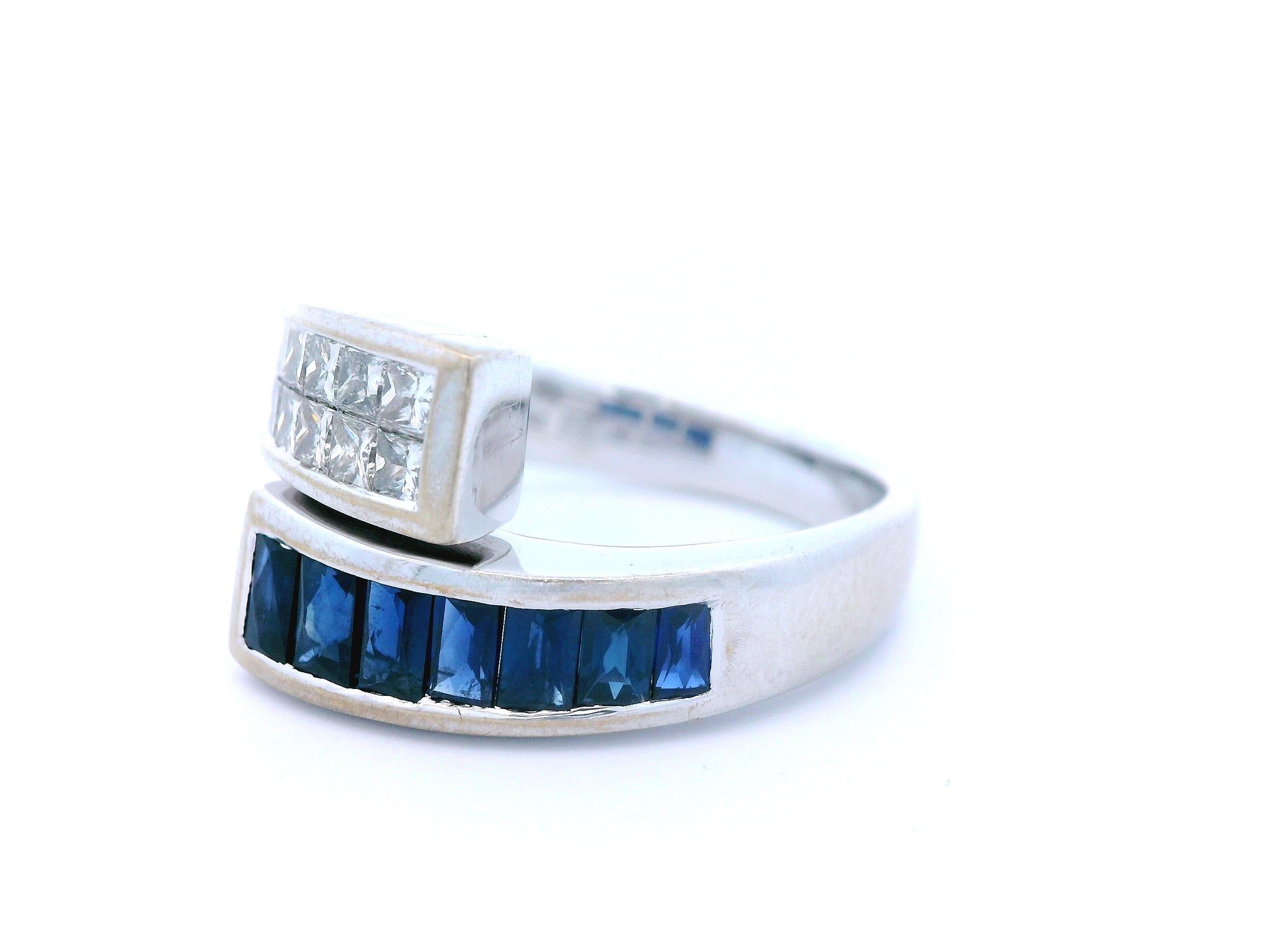 Contemporain Bague de contournement en or blanc 14K saphir naturel et diamant en vente