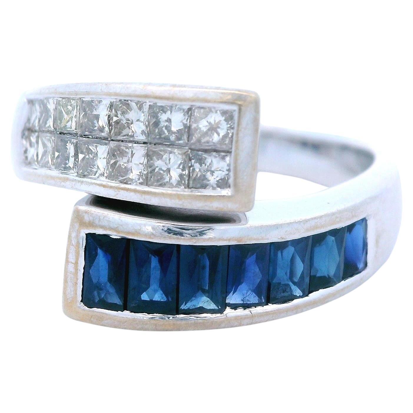 Bague de contournement en or blanc 14K saphir naturel et diamant en vente