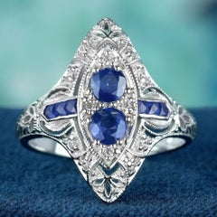 14K White Gold Natural Sapphire Diamond Vintage Style Filigree Two Stone Ring