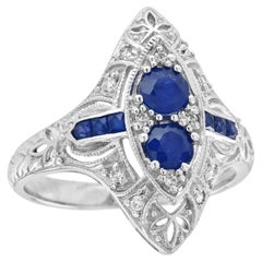 14K White Gold Natural Sapphire Diamond Vintage Style Filigree Two Stone Ring