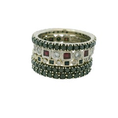 14K White Gold Natural Sapphire, Ruby & Diamond Set of 5 Stackable Rings