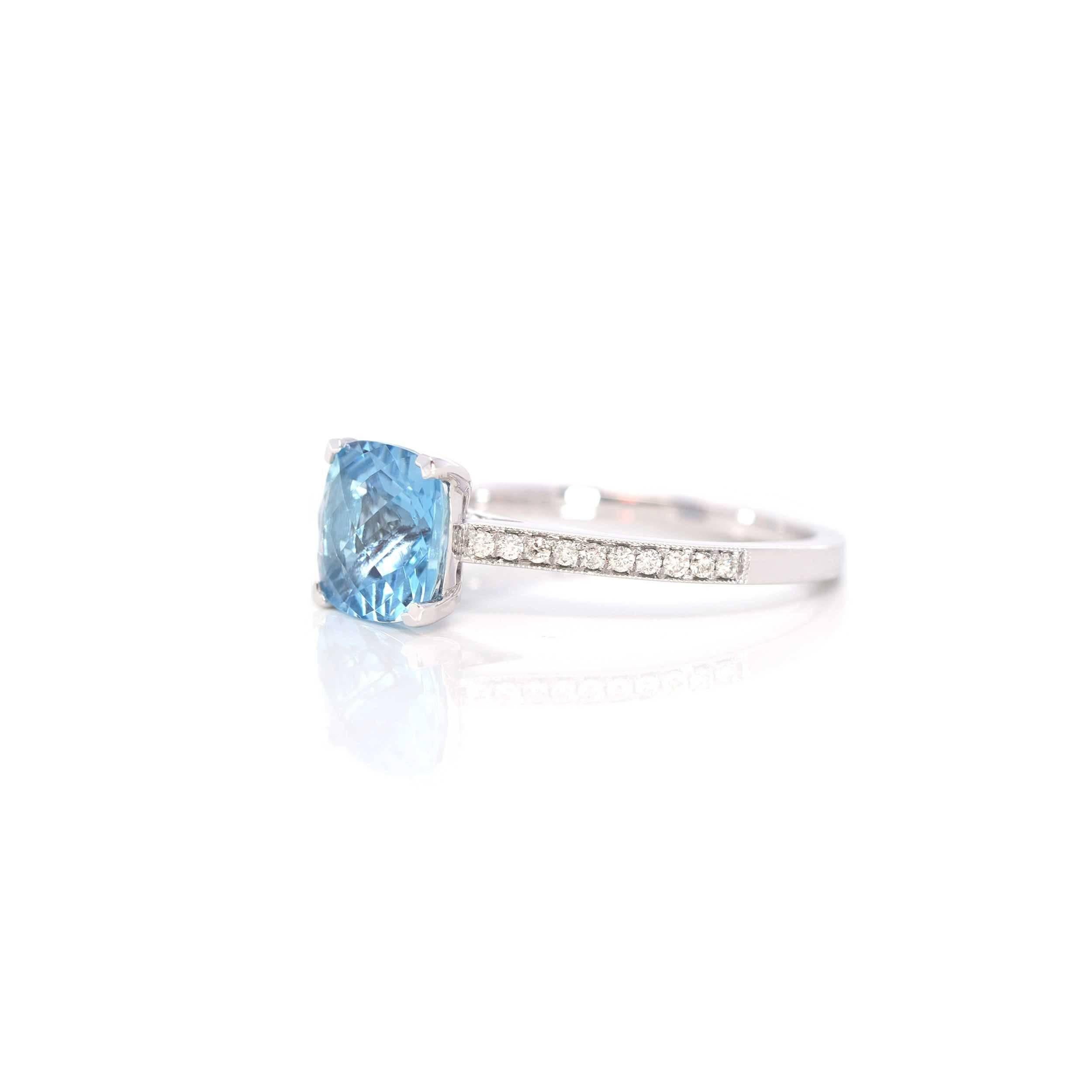 * Details--- This ring features a square natural 1.96 ct blue aquamarine. The design is simplistic with a halo style. The ring is very exquisite with a unique style. Baikalla artisans are dedicated to combining beautiful gemstones with modern-day