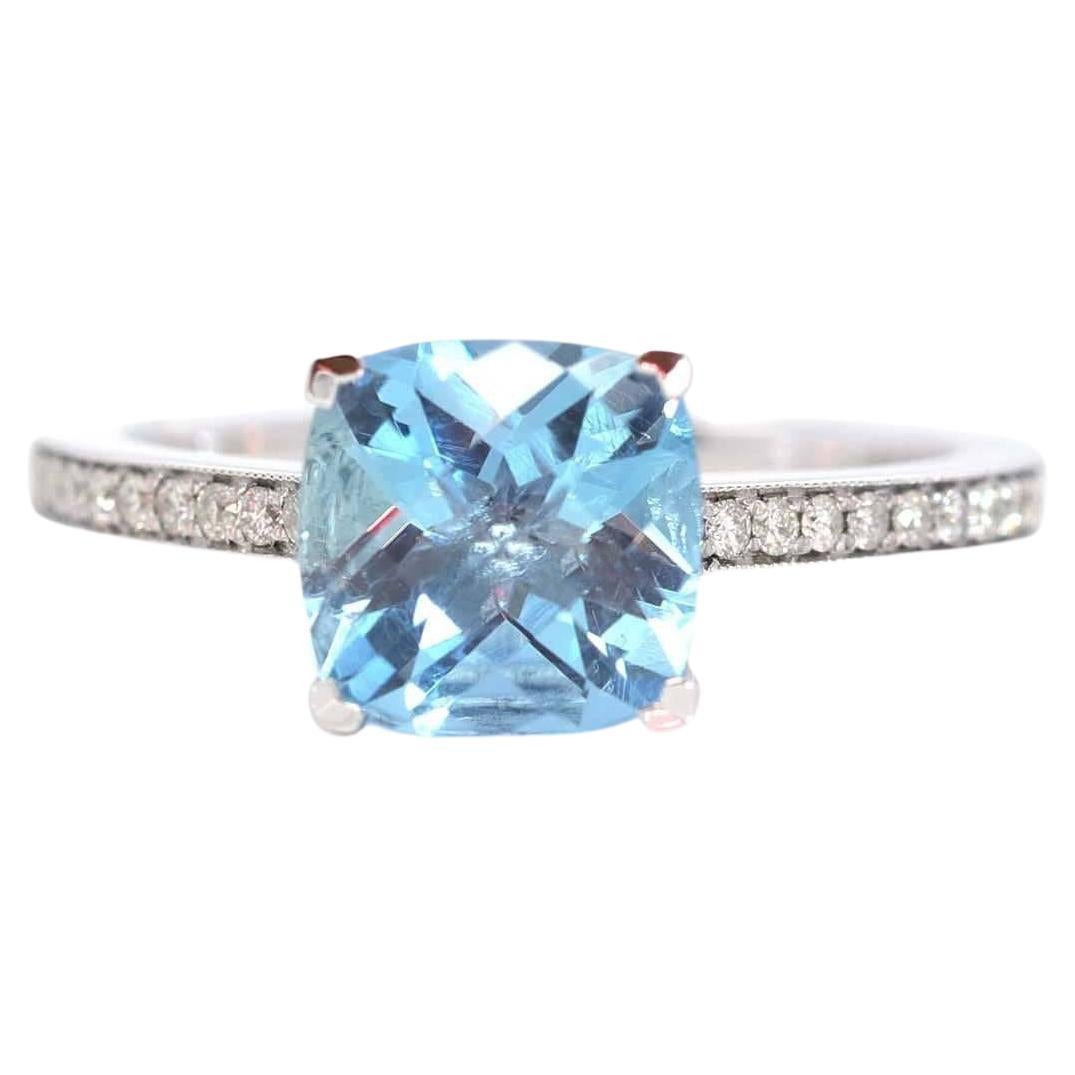 14k White Gold Natural Square Aquamarine Diamond Anniversary Ring For Sale