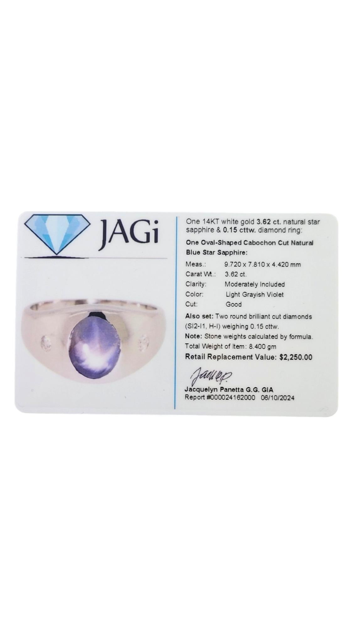 14K Weißgold Natürlicher Stern-Saphir-Diamant-Ring Größe 9,5 #18054 2