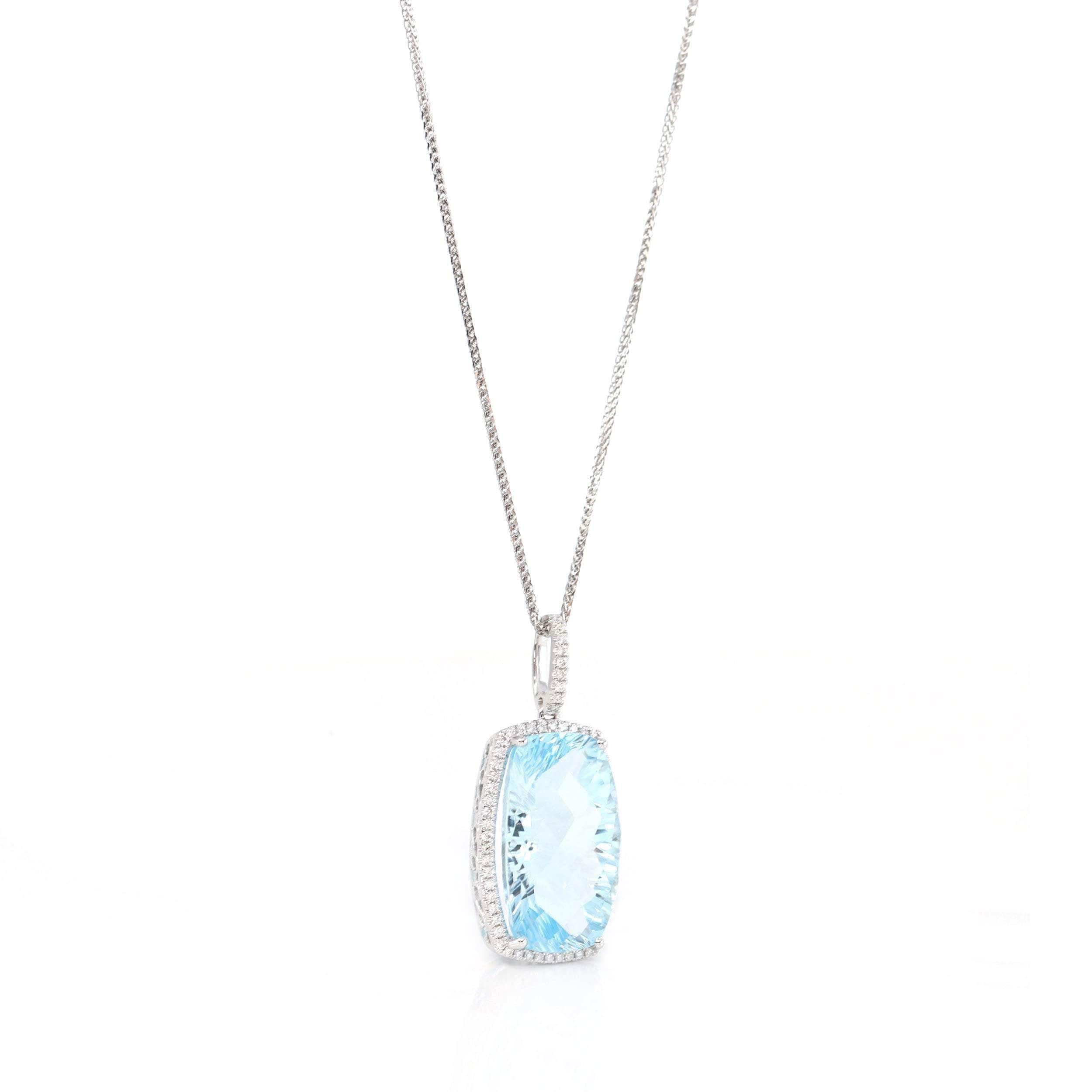 Artist 14k White Gold Natural Swiss Blue Topaz Elongated Cushion Necklace With Diamonds For Sale