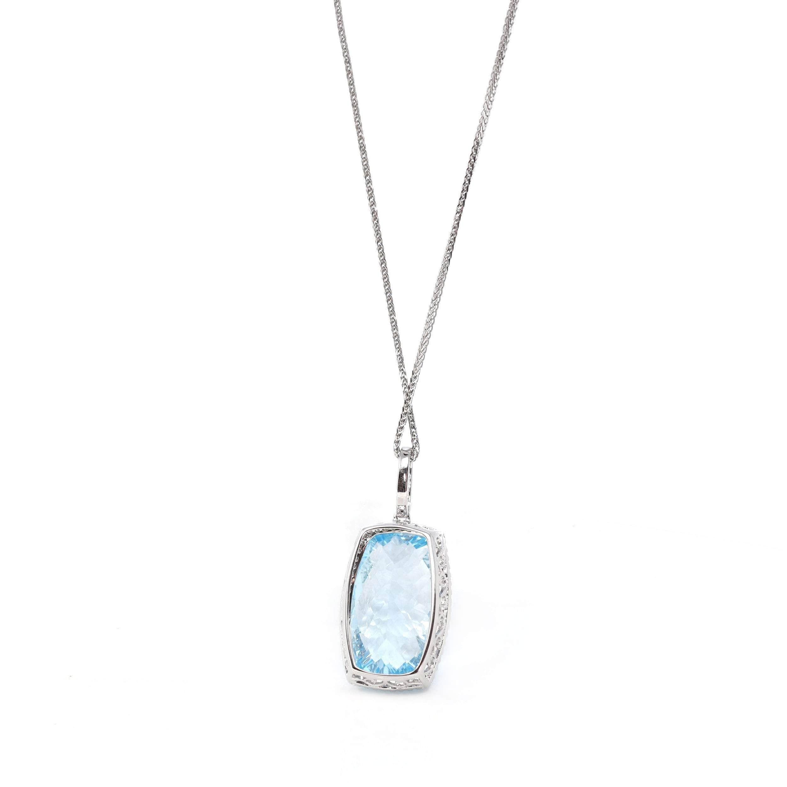 Cushion Cut 14k White Gold Natural Swiss Blue Topaz Elongated Cushion Necklace With Diamonds For Sale