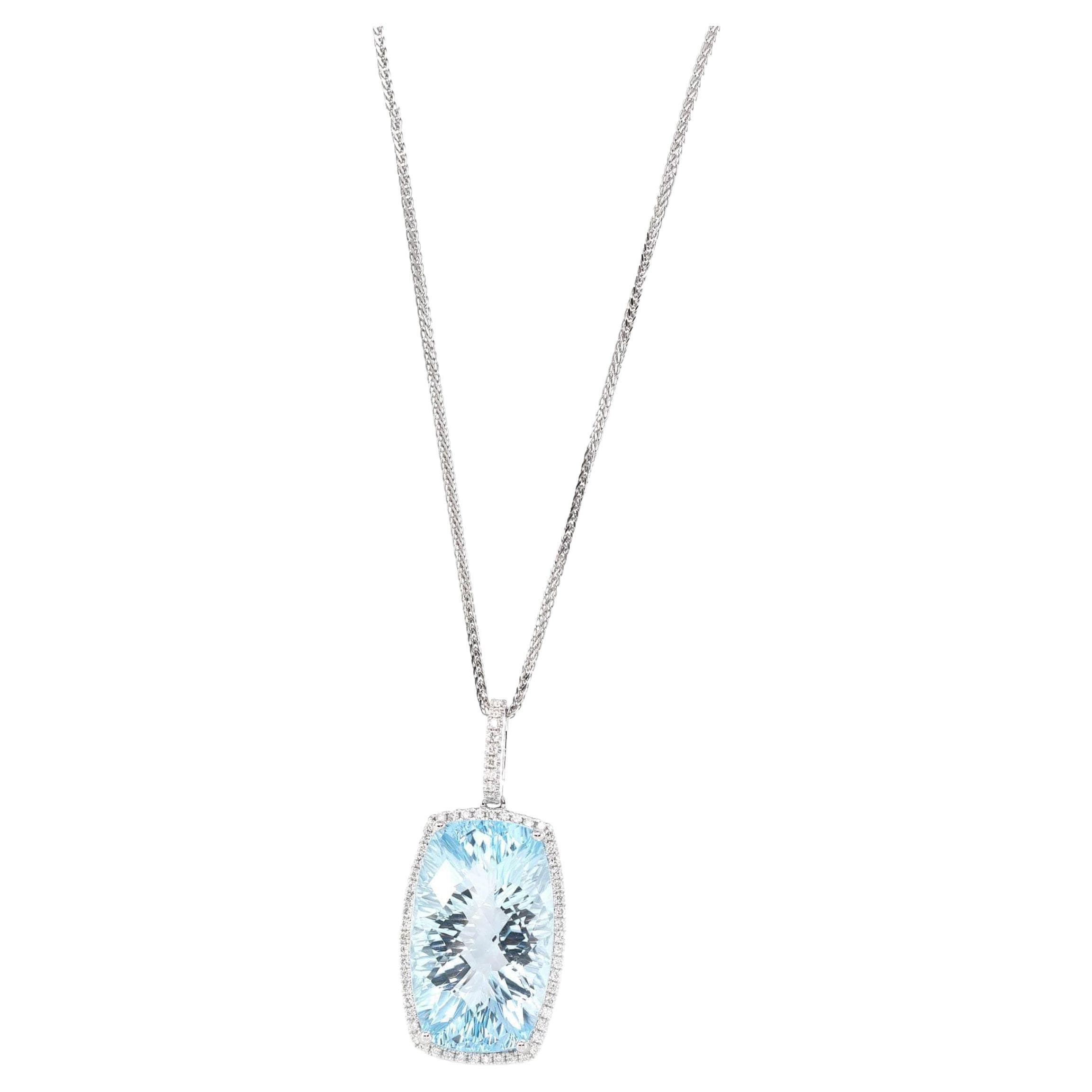 14k White Gold Natural Swiss Blue Topaz Elongated Cushion Necklace With Diamonds