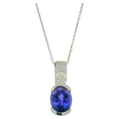 14K White Gold Natural Tanzanite & Diamond Half Bezel Pendant Necklace In Stock