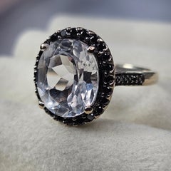 14k. White Gold Natural White Sapphire And Black Diamond Ring