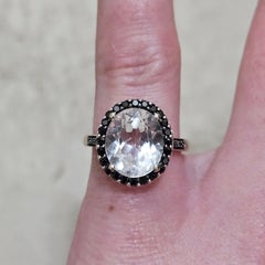 Antique 14K White Gold 5-6ct Sapphire & Black Diamond Cluster Ring, Circa 1900