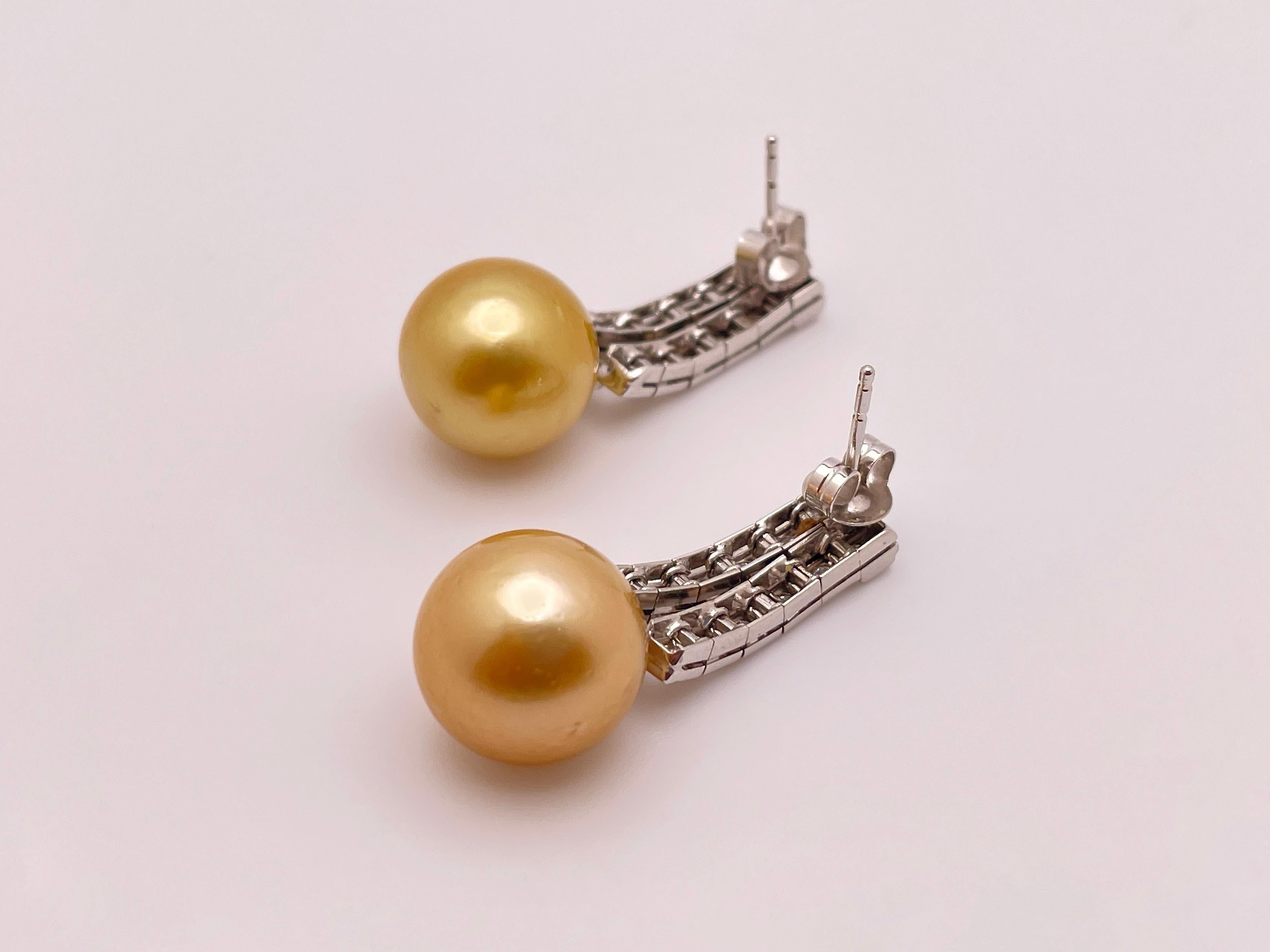 Women's or Men's 14K White Gold Natural Yellow Pearl Diamond Earrings For Sale
