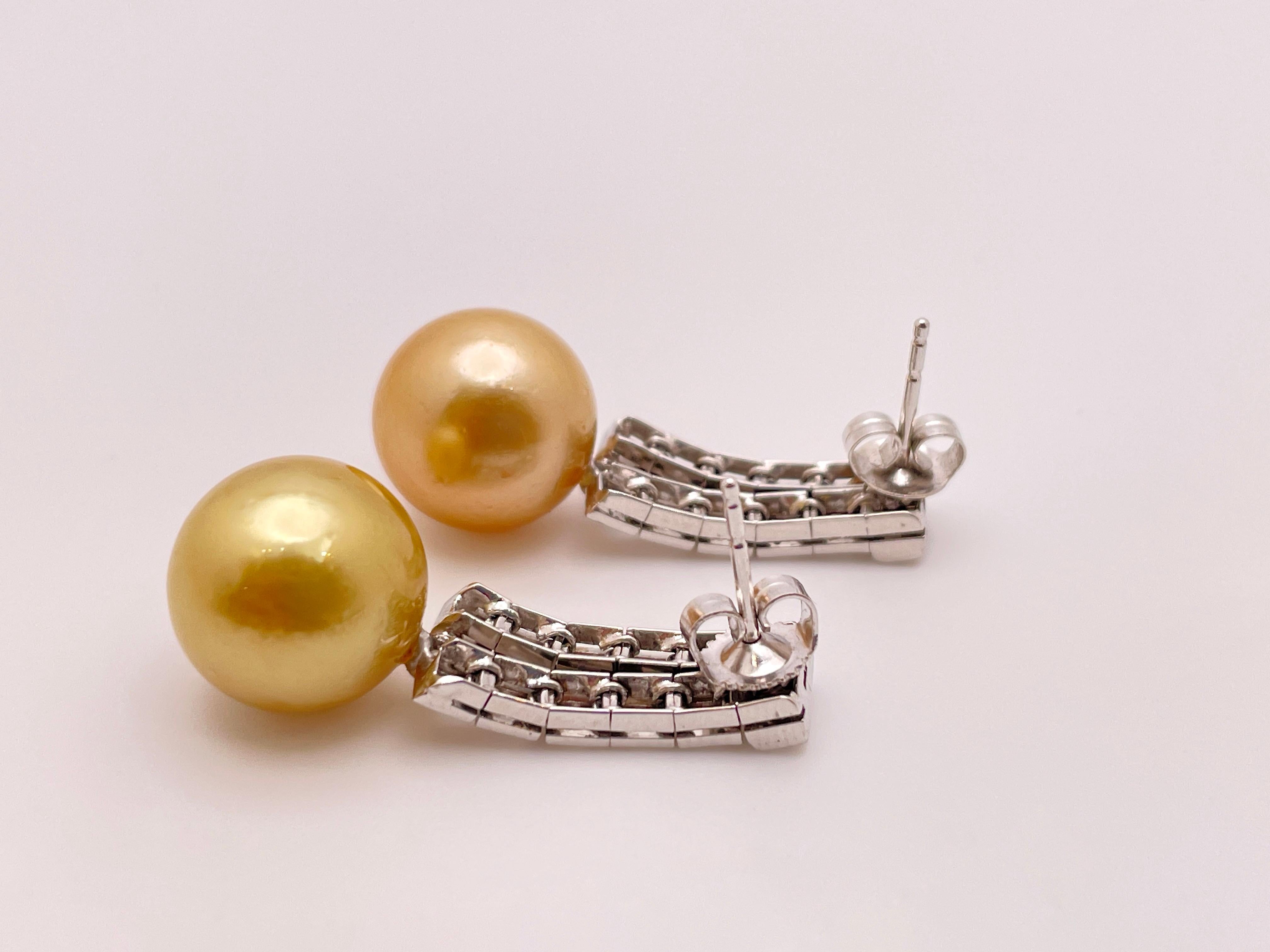 14K White Gold Natural Yellow Pearl Diamond Earrings For Sale 1