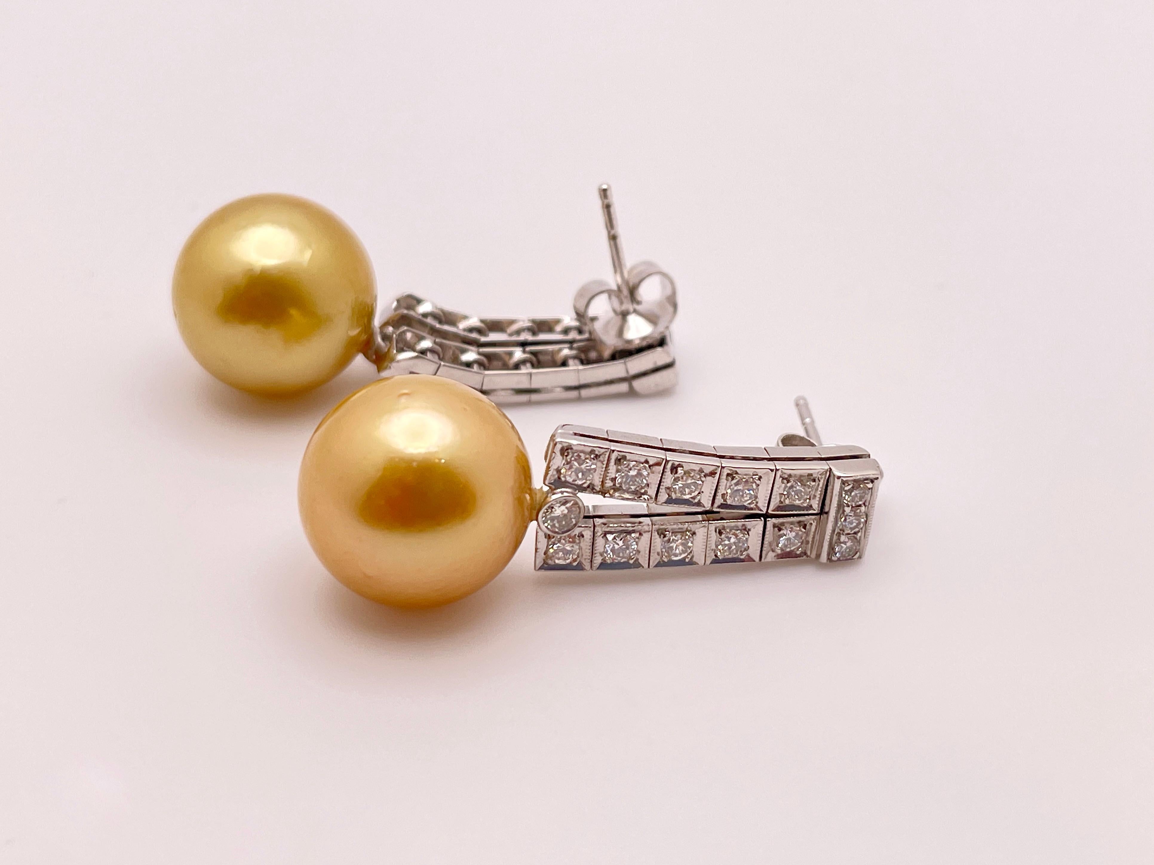14K White Gold Natural Yellow Pearl Diamond Earrings For Sale 2