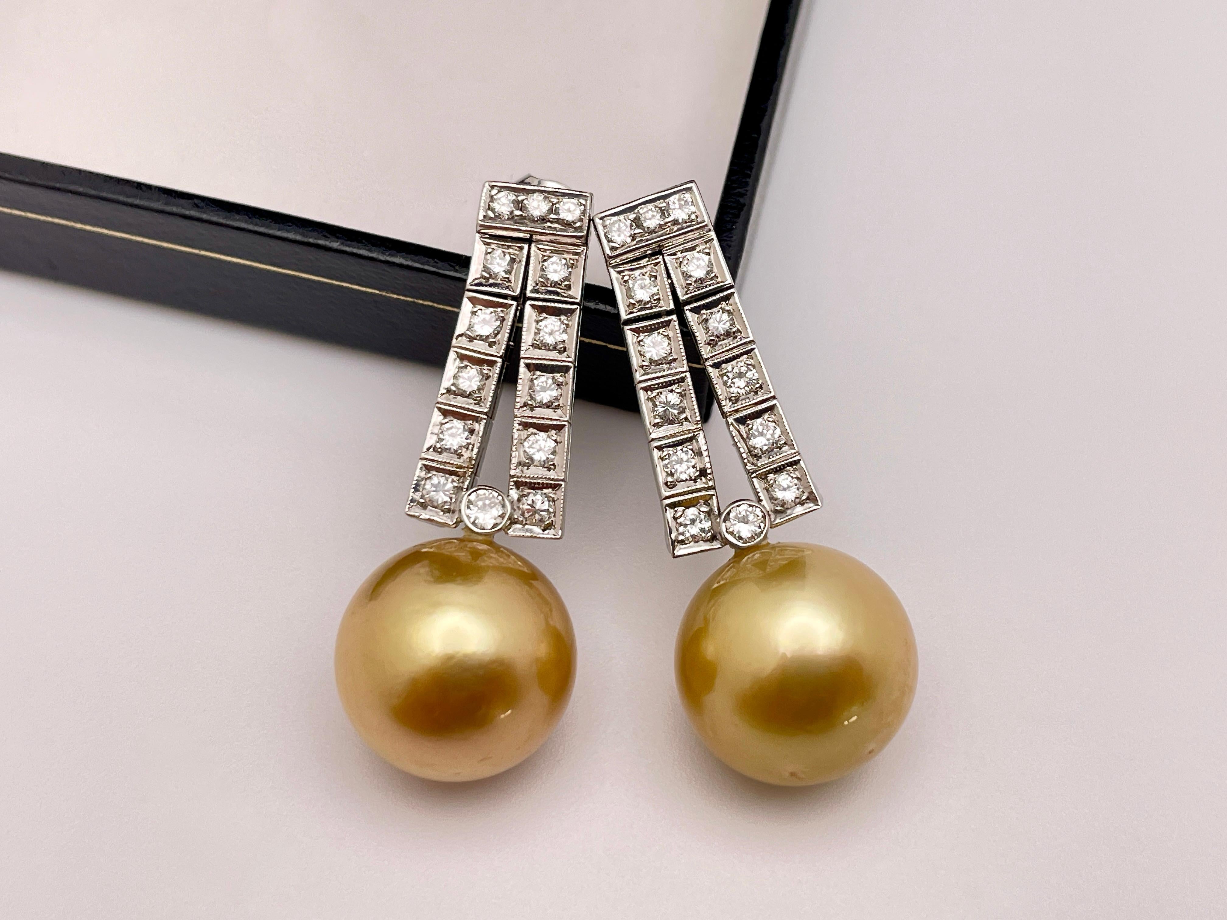 14K White Gold Natural Yellow Pearl Diamond Earrings For Sale 3