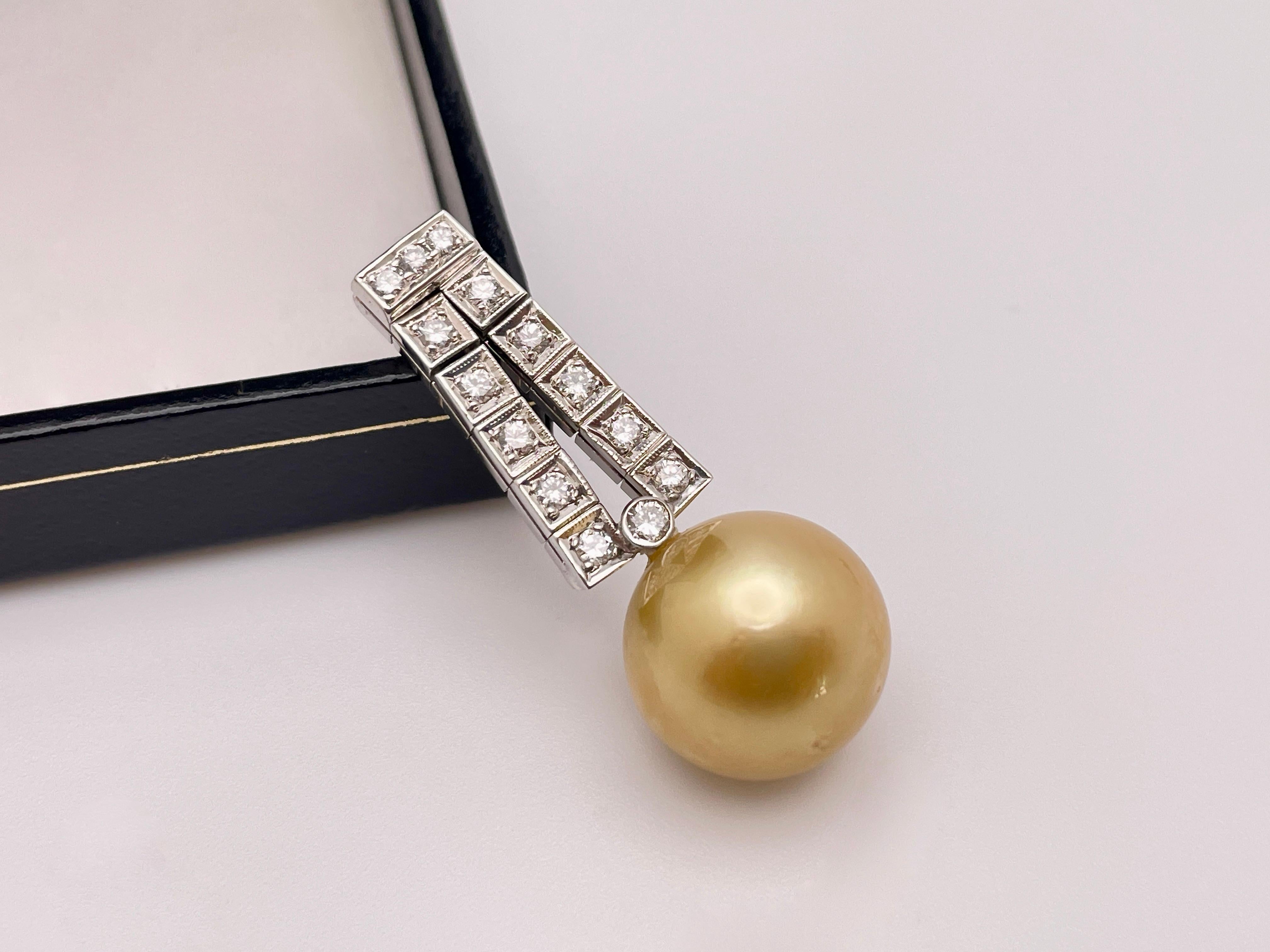 14K White Gold Natural Yellow Pearl Diamond Earrings For Sale 4