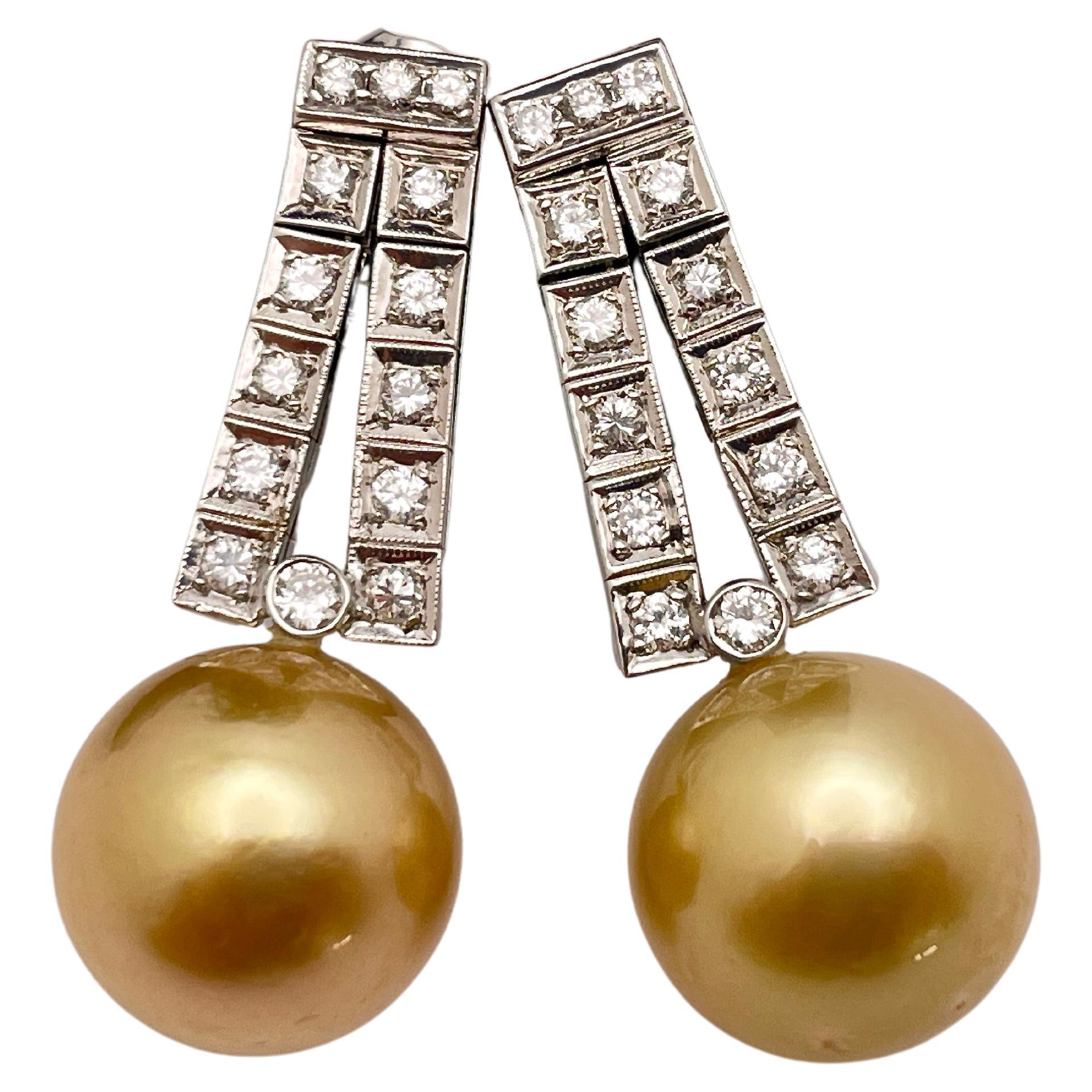 14K White Gold Natural Yellow Pearl Diamond Earrings For Sale