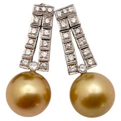 Retro 14K White Gold Natural Yellow Pearl Diamond Earrings