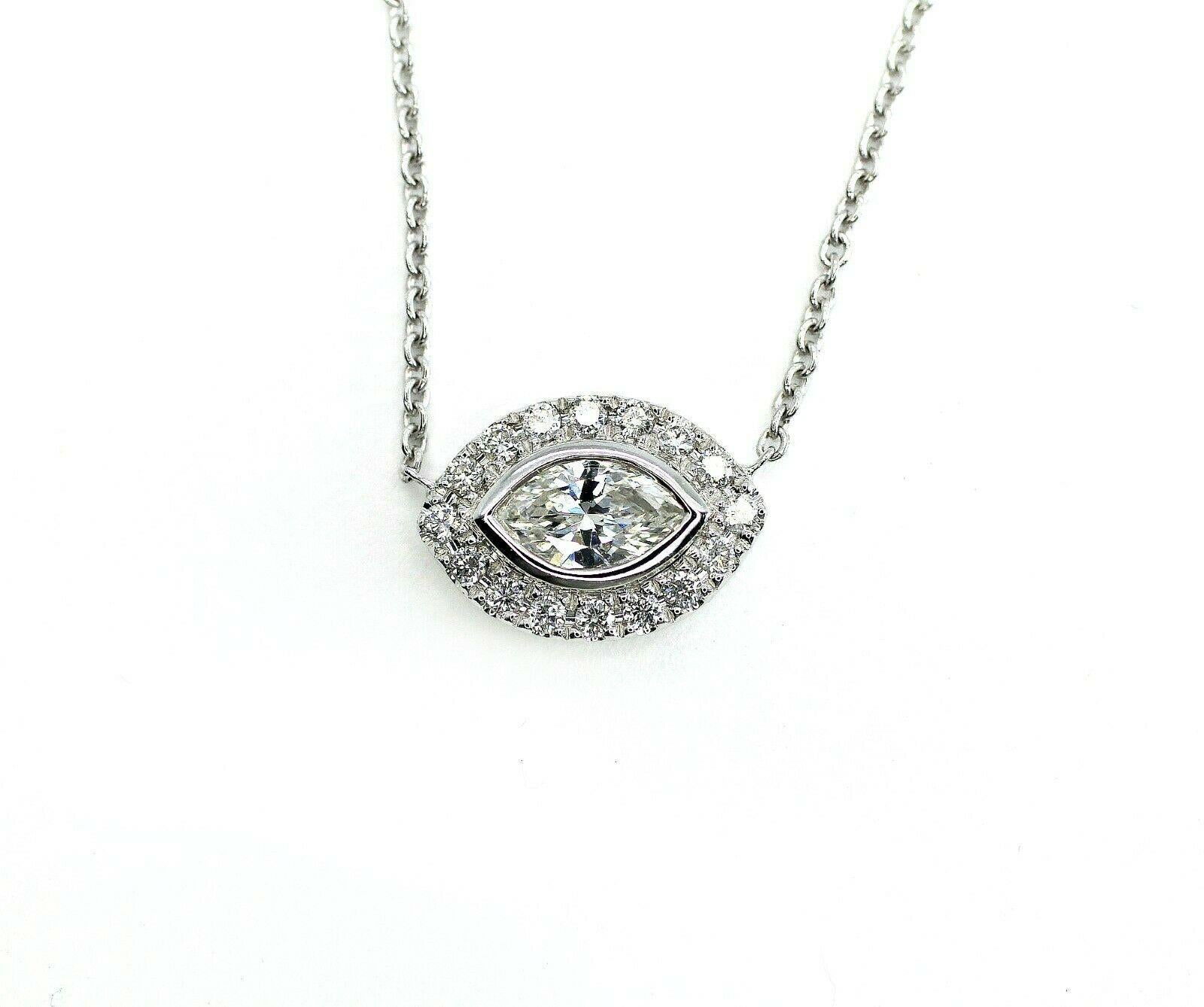 Contemporary 14 Karat White Gold Necklace with a Marquise and Halo For Sale