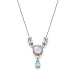 14k White Gold Necklace with Moonstone, Aquamarine and Diamonds