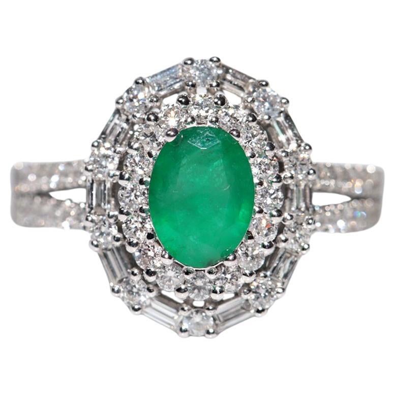 14k Weißgold Neuer Ring mit natürlichem Diamanten im Ovalschliff und Smaragd im Ovalschliff