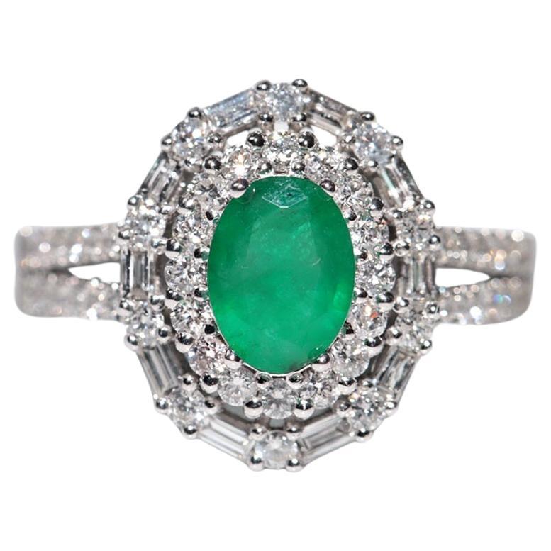 14k White Gold New Made Natural Diamond And Oval Cut Emerald Ring