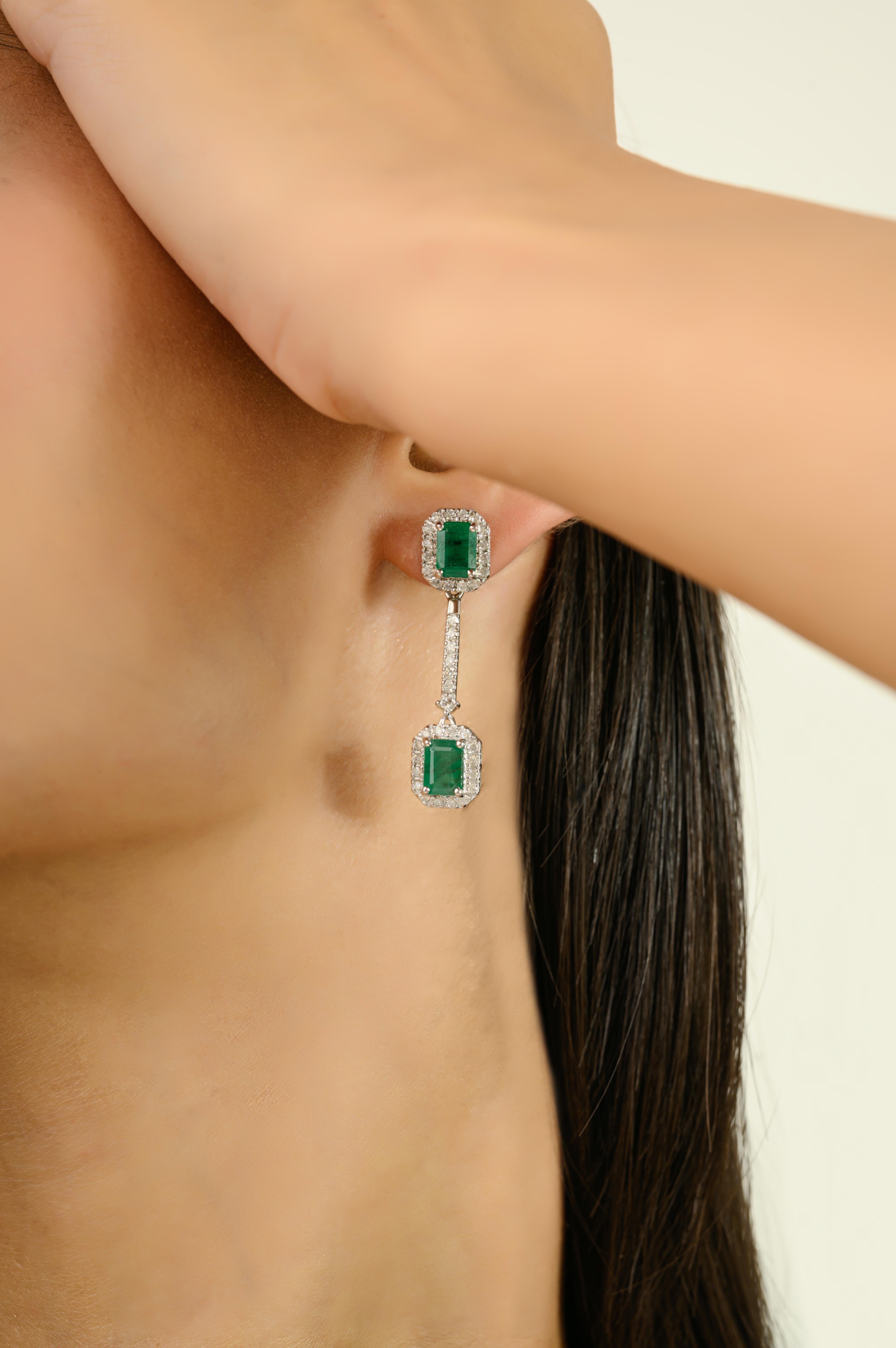 14k White Gold Octagon Cut Emerald & Diamond Halo Dangle Earrings Fine Jewelry For Sale 1