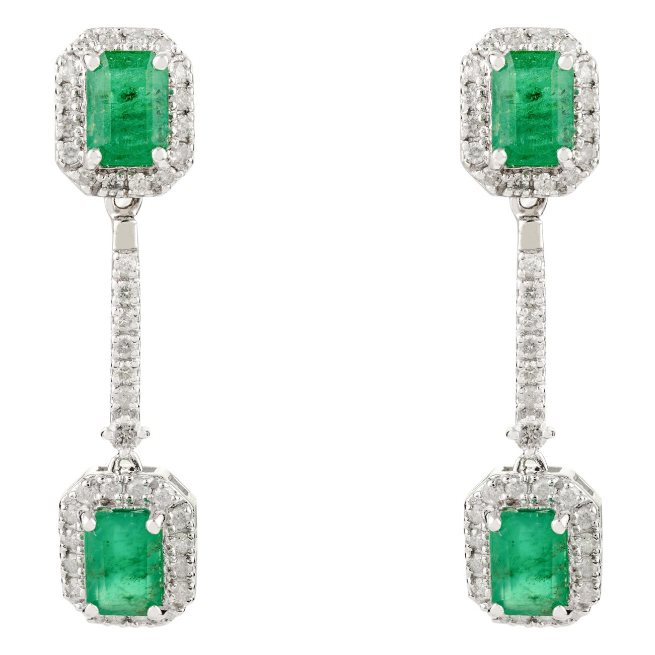 14k White Gold Octagon Cut Emerald & Diamond Halo Dangle Earrings Fine Jewelry For Sale