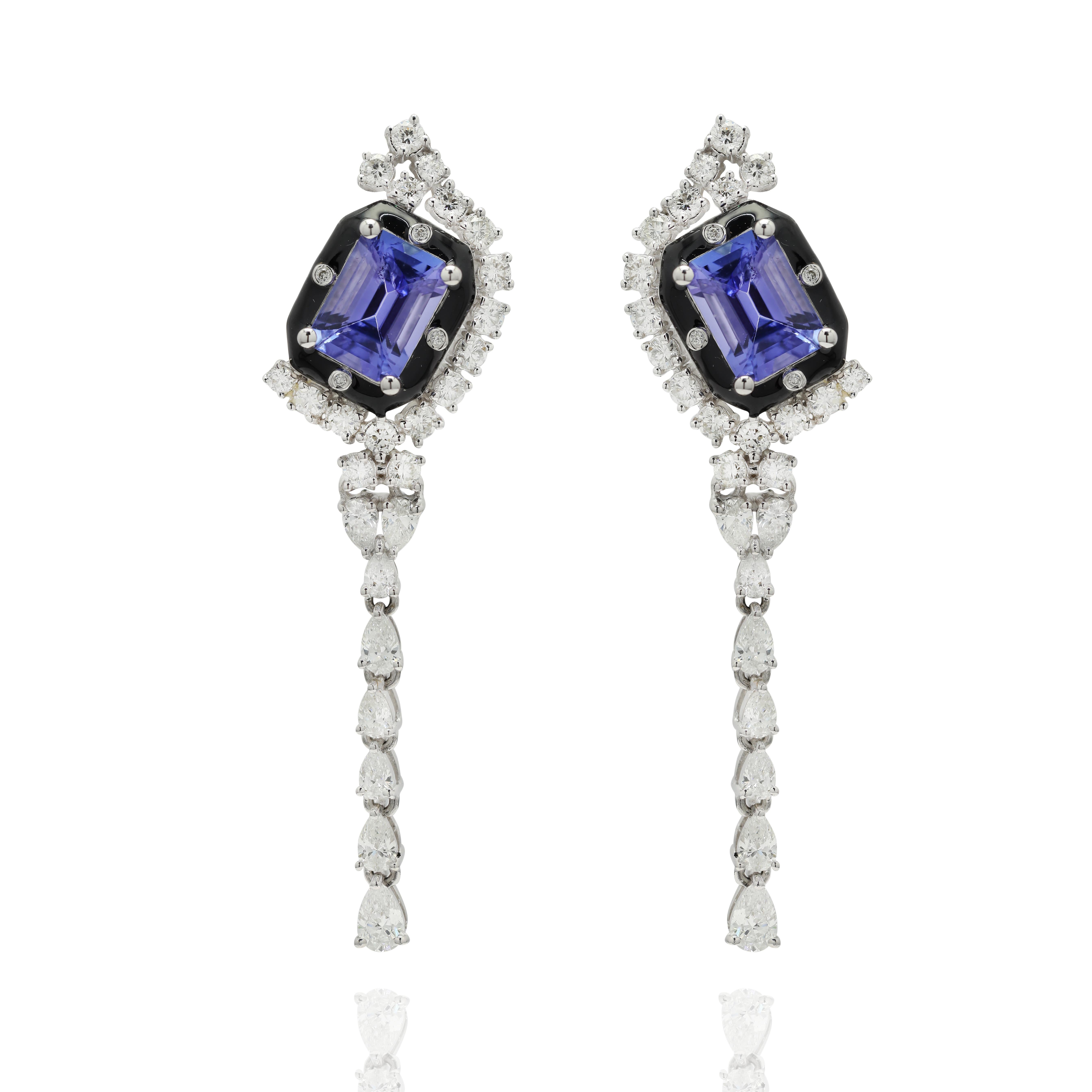 Tanzanite and Diamond Dangle Cocktail Earrings to make a statement with your look. These earrings create a sparkling, luxurious look featuring octagon cut gemstone.
If you love to gravitate towards unique styles, this piece of jewelry is perfect for