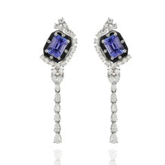 Diamond and Tanzanite Dangling Cocktail Earrings 14K Solid White Gold