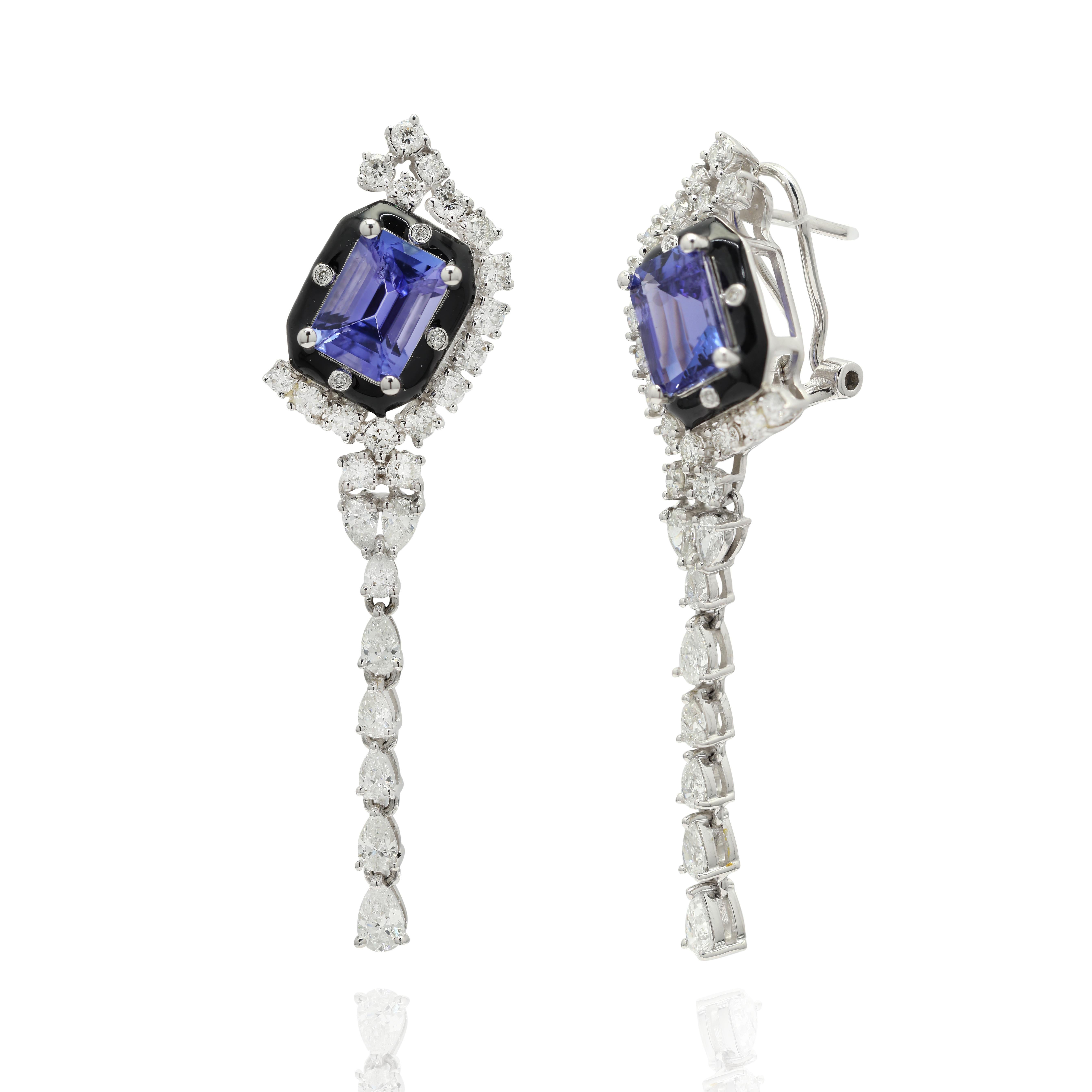 Art Deco Diamond and Tanzanite Dangling Cocktail Earrings 14K Solid White Gold  For Sale