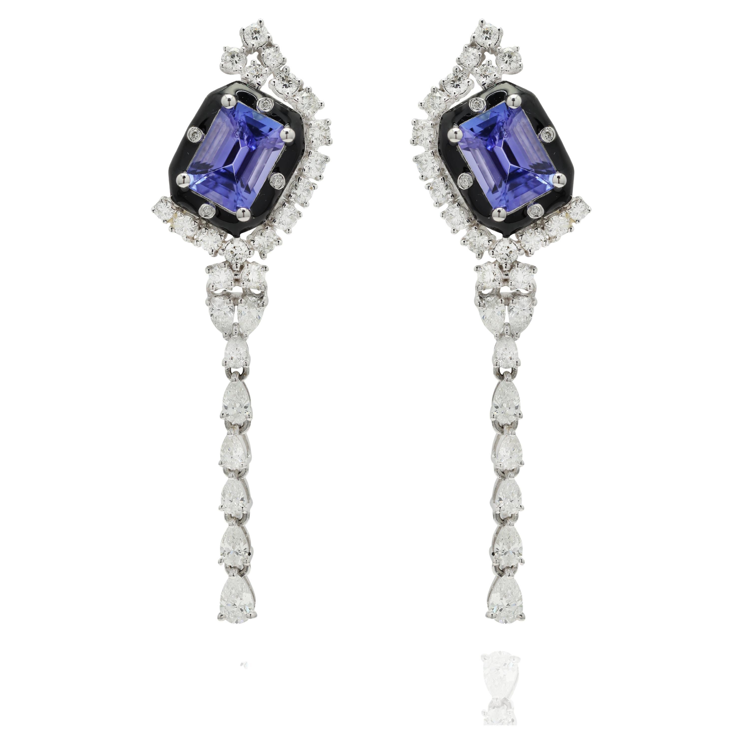 Diamond and Tanzanite Dangling Cocktail Earrings 14K Solid White Gold  For Sale
