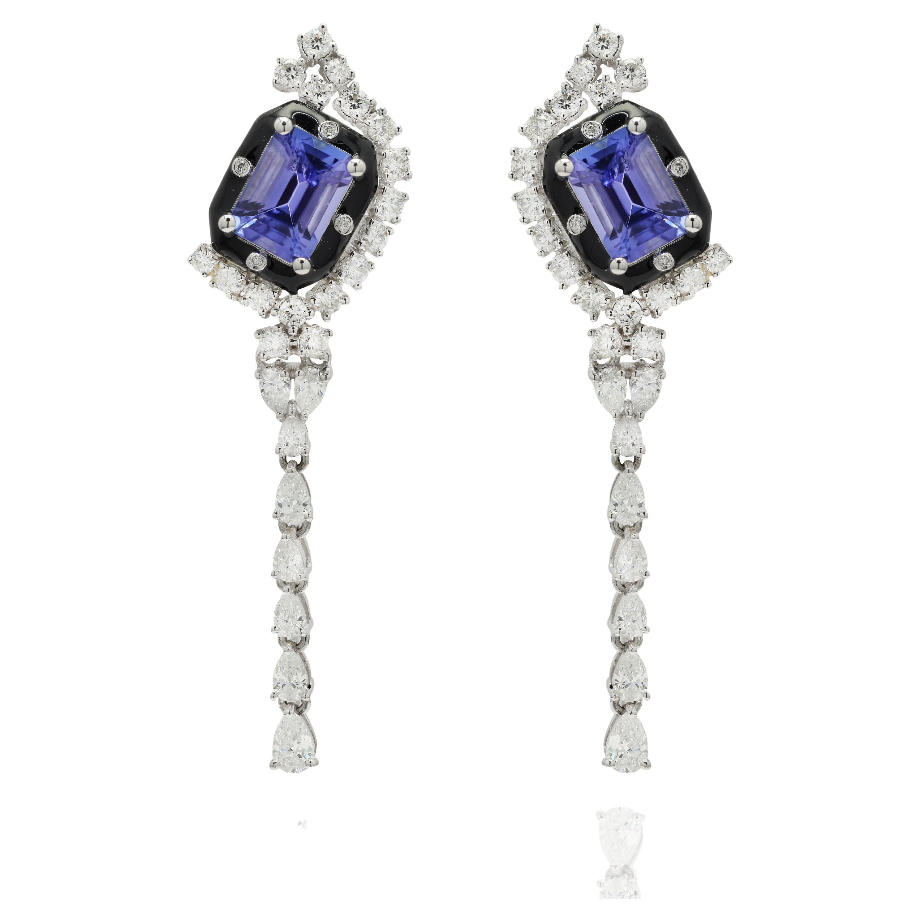 Diamond and Tanzanite Dangling Cocktail Earrings 14K Solid White Gold