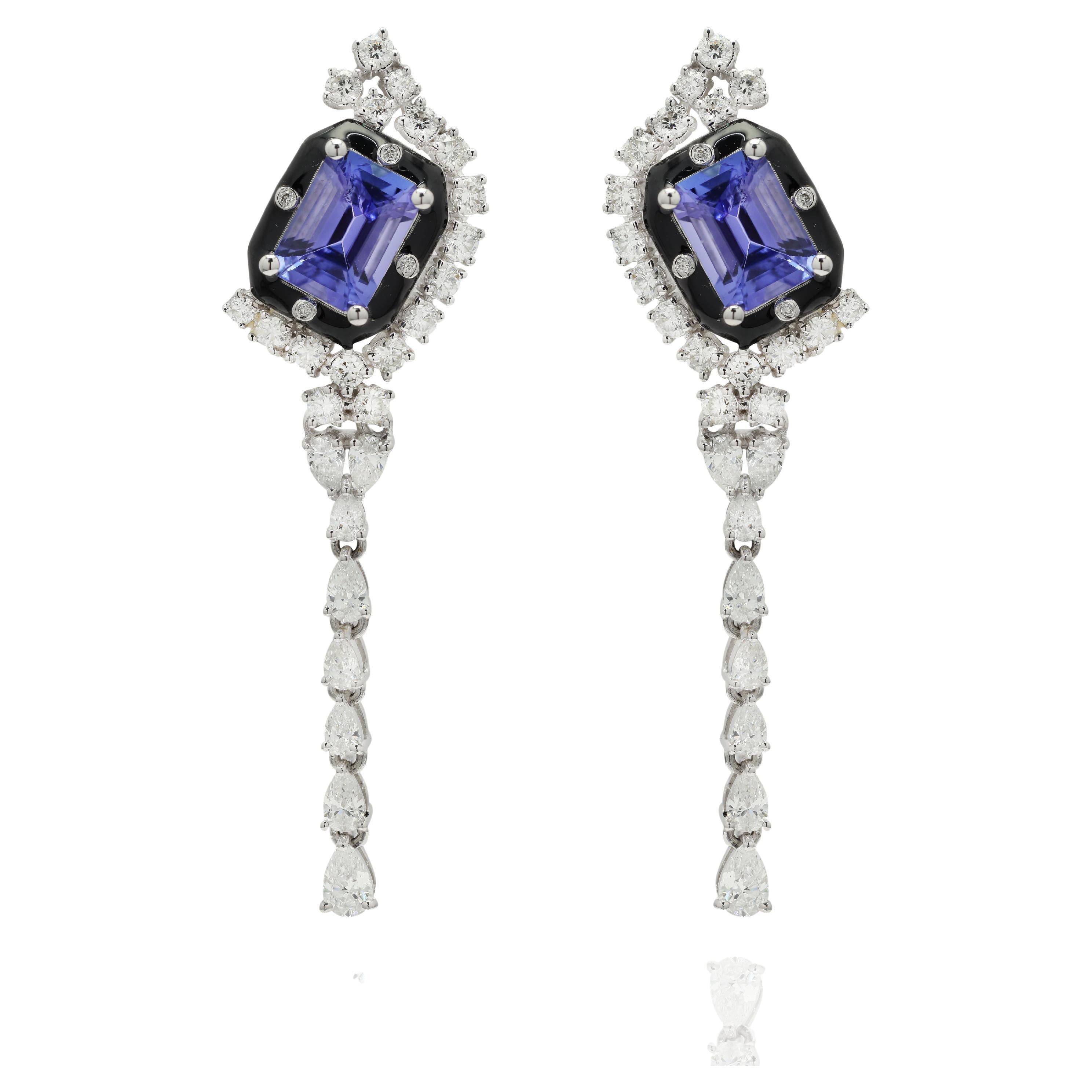 Boucles d'oreilles cocktail pendantes en or blanc massif 14K avec diamants et tanzanite 