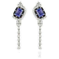 Diamond and Tanzanite Dangling Cocktail Earrings 14K Solid White Gold 