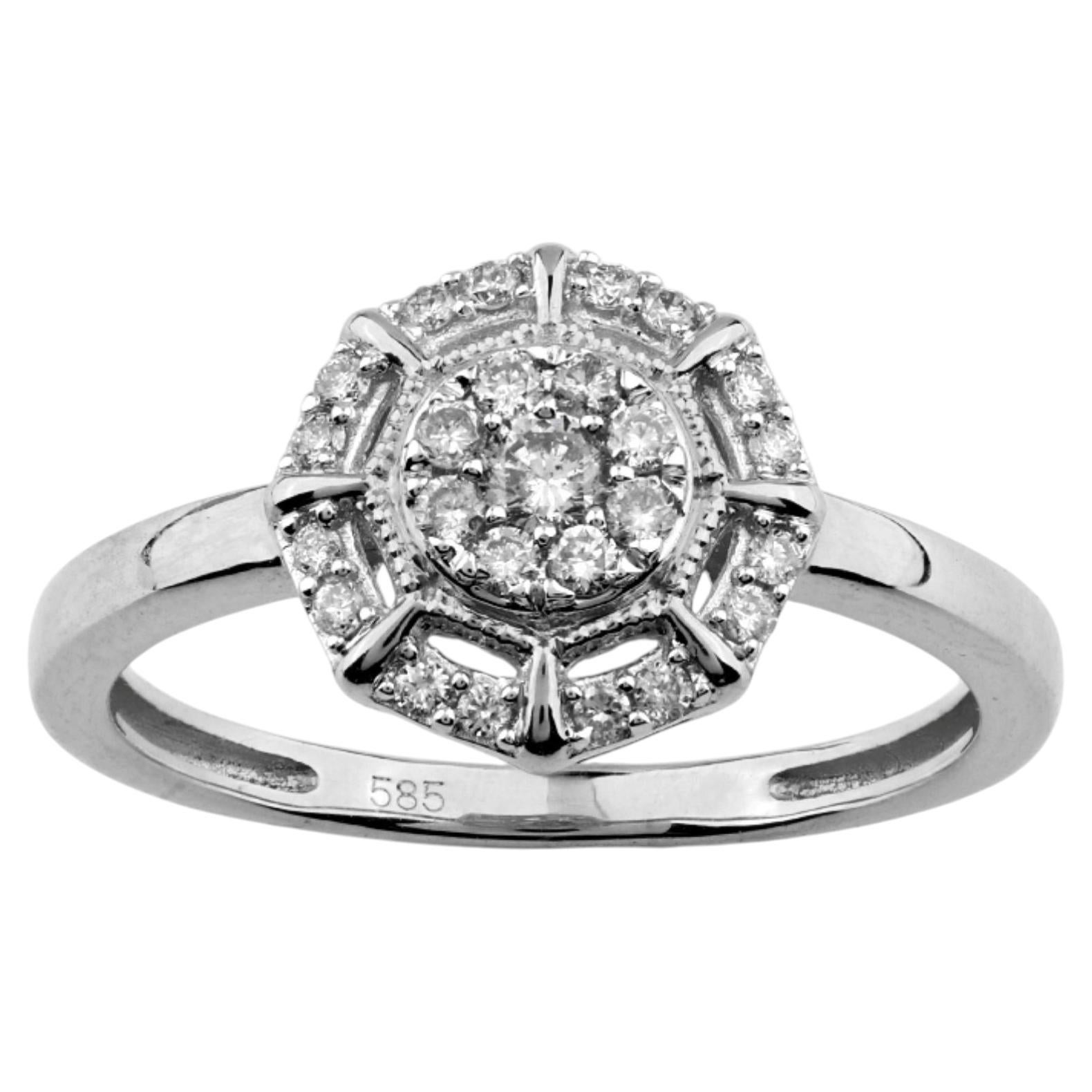 14K White Gold Octagonal Round Cut Diamond Compass Halo Ring For Sale