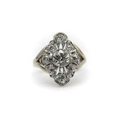 14K White Gold Old European Cut and Old Mine Cut Diamond Flower Ring