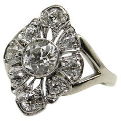 Anillo Flor de Diamantes de Oro Blanco de 14 K, talla europea antigua y talla mina antigua