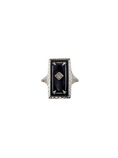 14K White Gold Onyx and Diamond Ring Size 4 #24178
